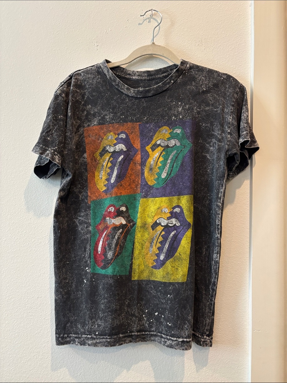 Rolling Stones Black Vintage Wash Graphic Tee Color Block Tongue Print Medium